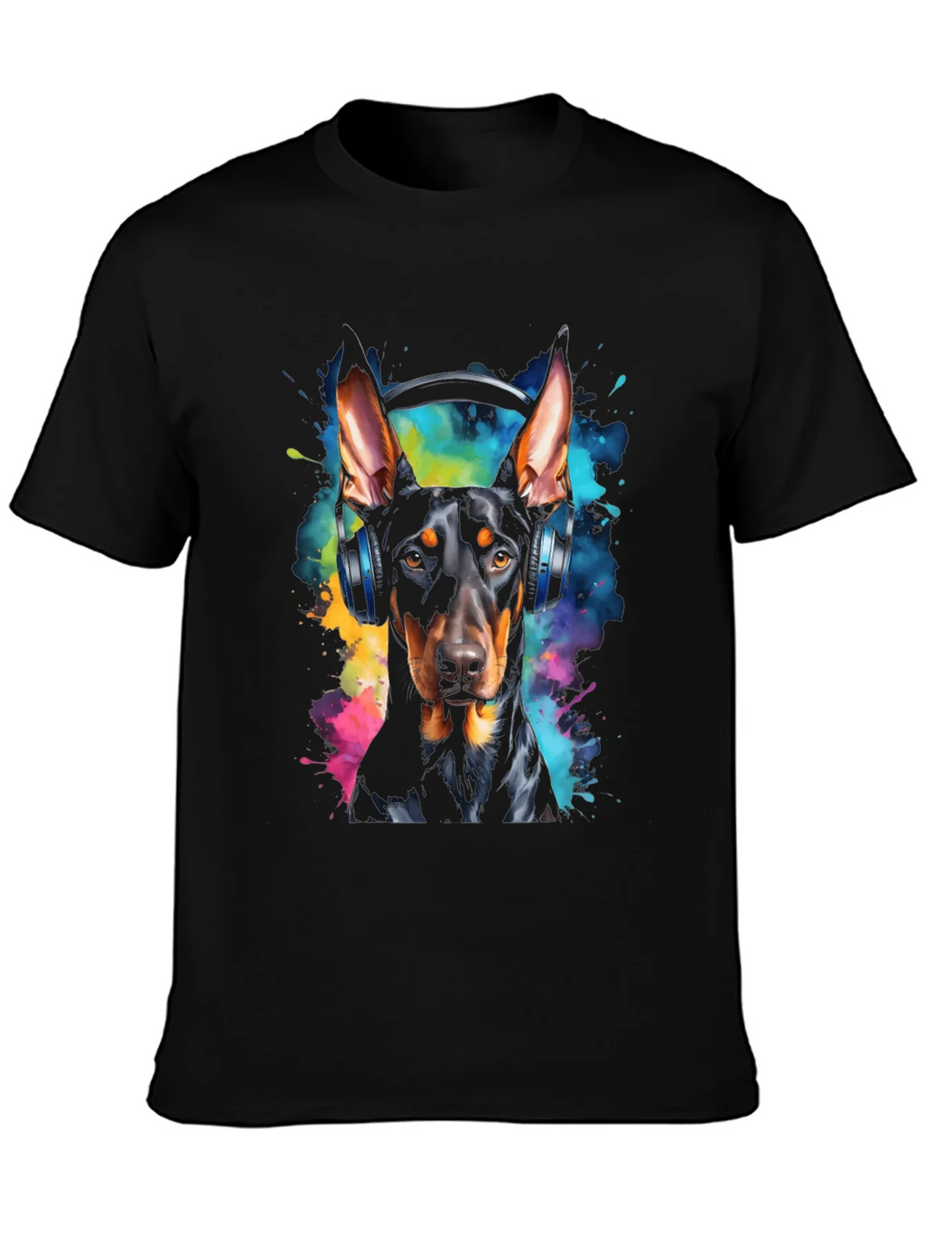 Doberman Dog Headphones Graphic Black T-Shirt product image 3