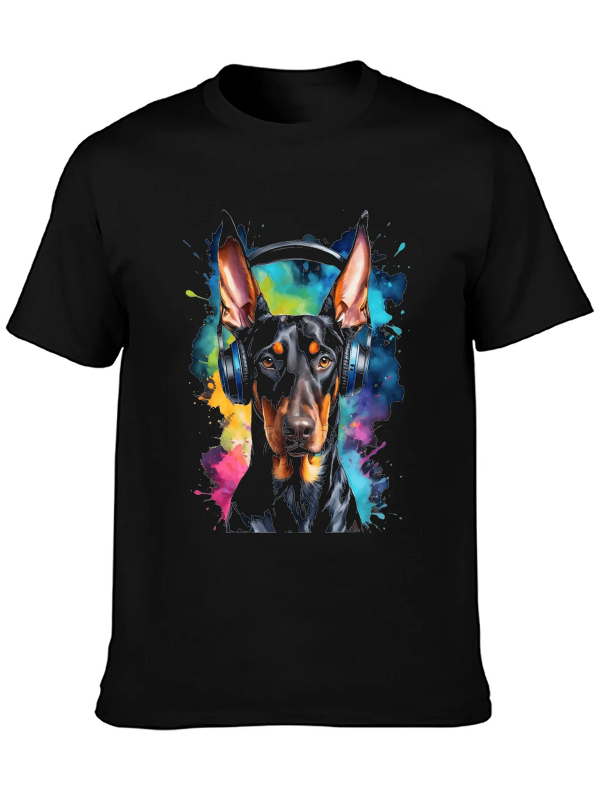 Doberman Dog Headphones Graphic Black T-Shirt product image 3