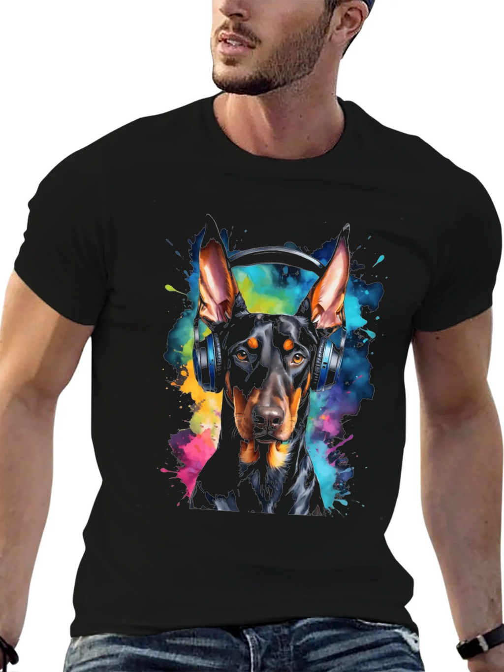 Doberman Dog Headphones Graphic Black T-Shirt product image 6