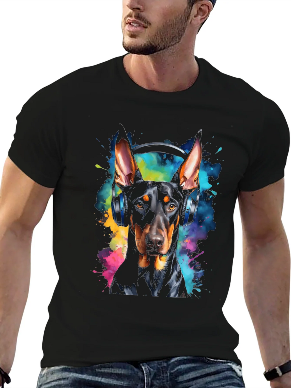 Doberman Dog Headphones Graphic Black T-Shirt product image 6
