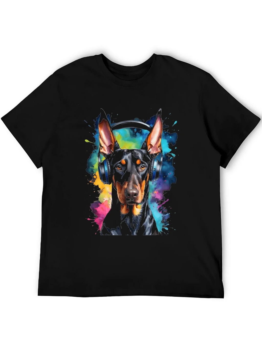 Doberman Dog Headphones Graphic Black T-Shirt product image 5