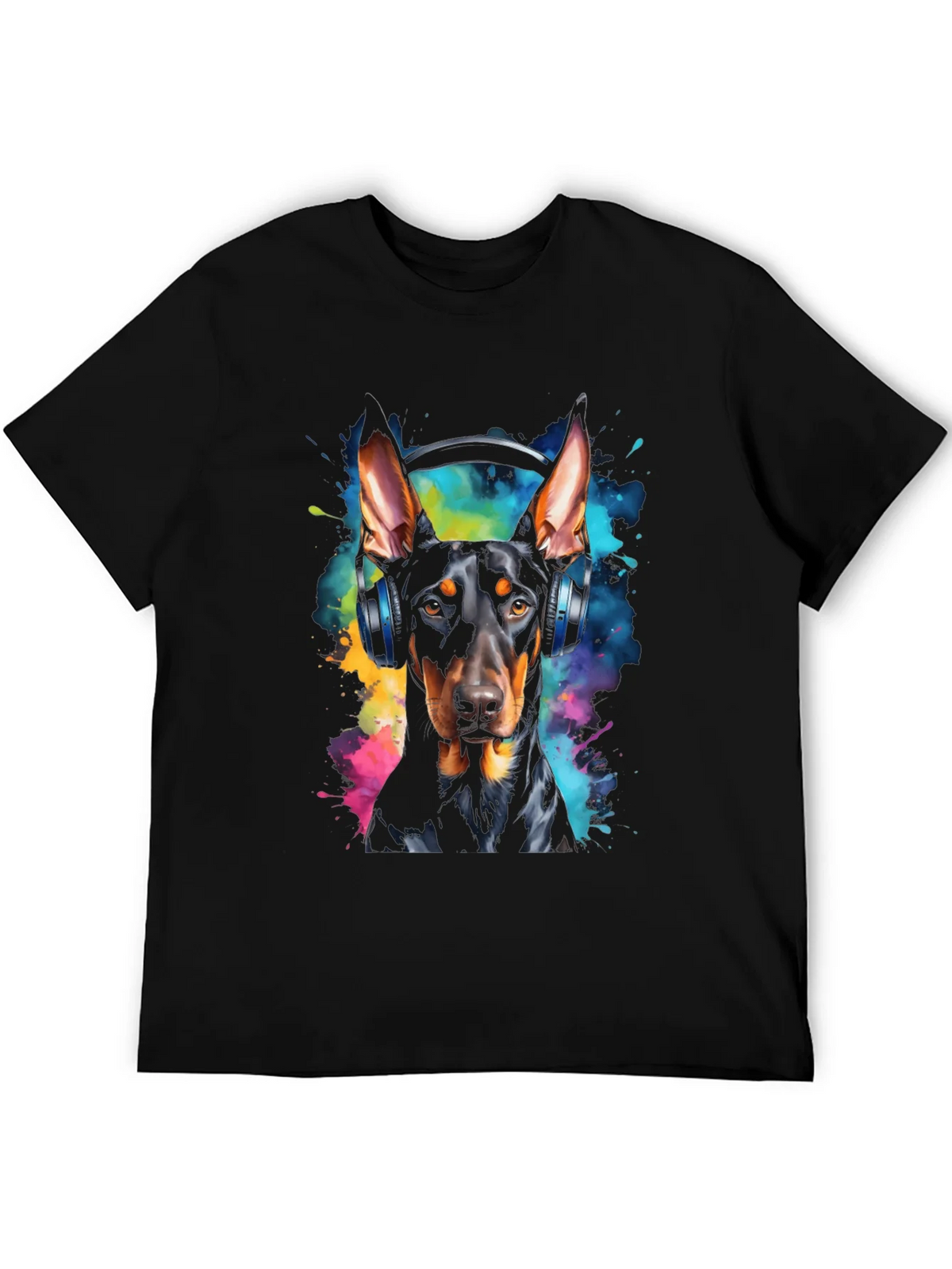 Doberman Dog Headphones Graphic Black T-Shirt product image 5