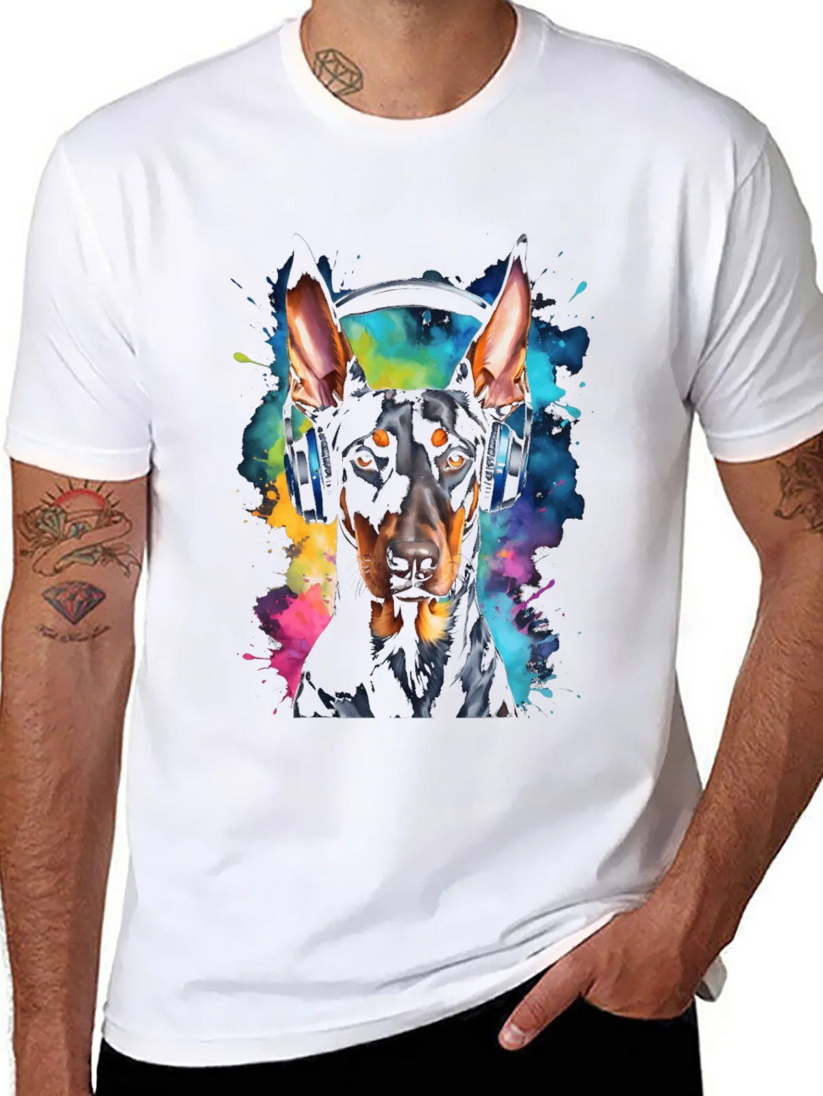 Doberman Dog Headphones Graphic Black T-Shirt product image 7