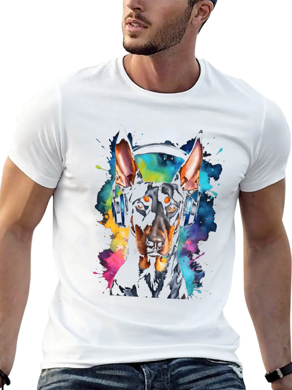 Doberman Dog Headphones Graphic Black T-Shirt product image 12
