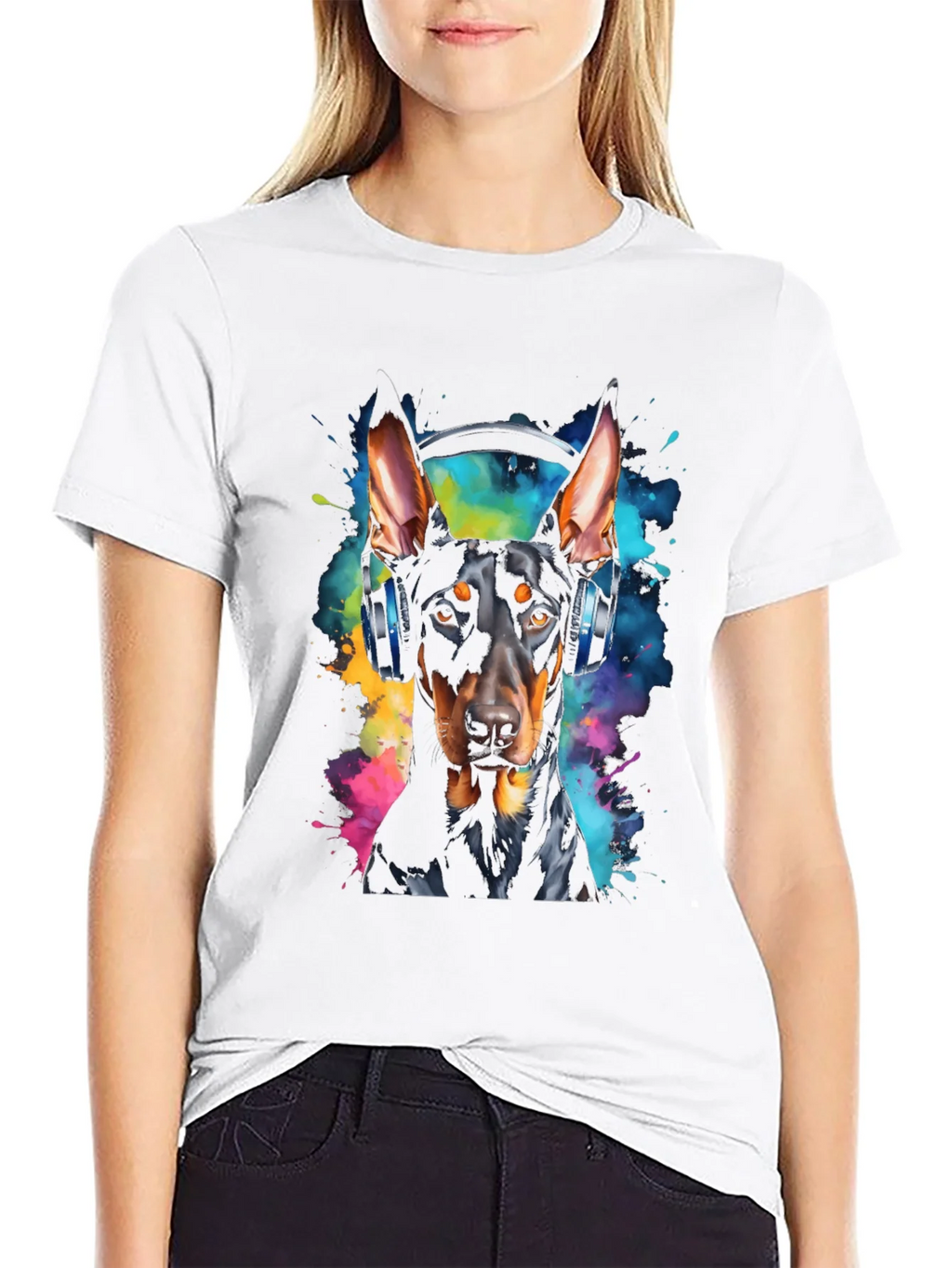 Doberman Dog Headphones Graphic Black T-Shirt product image 8