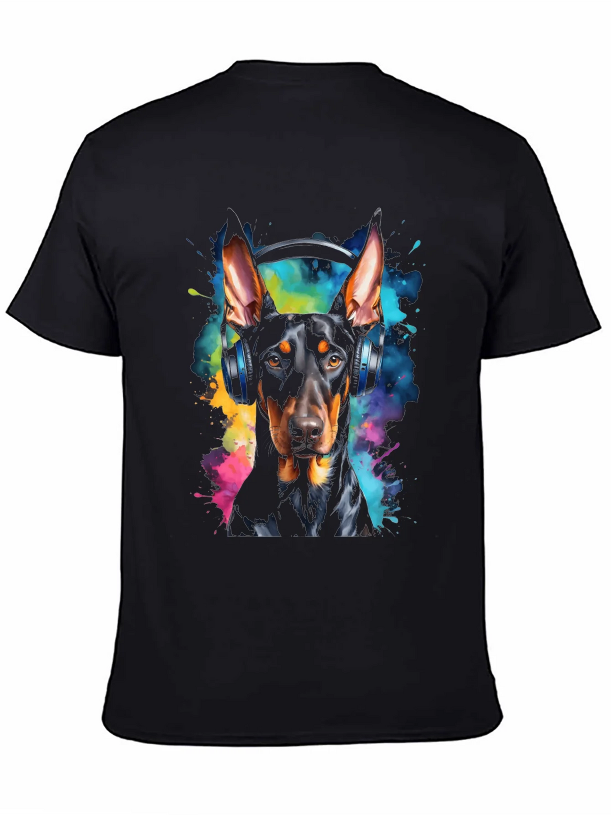 Doberman Dog Headphones Graphic Black T-Shirt product image 4
