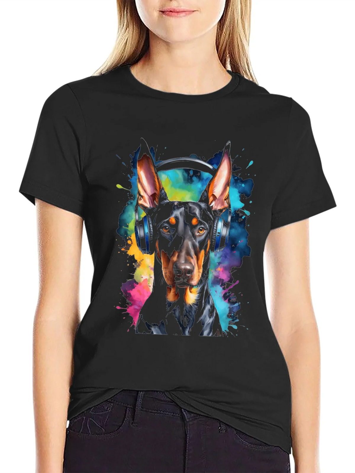 Doberman Dog Headphones Graphic Black T-Shirt product image 2