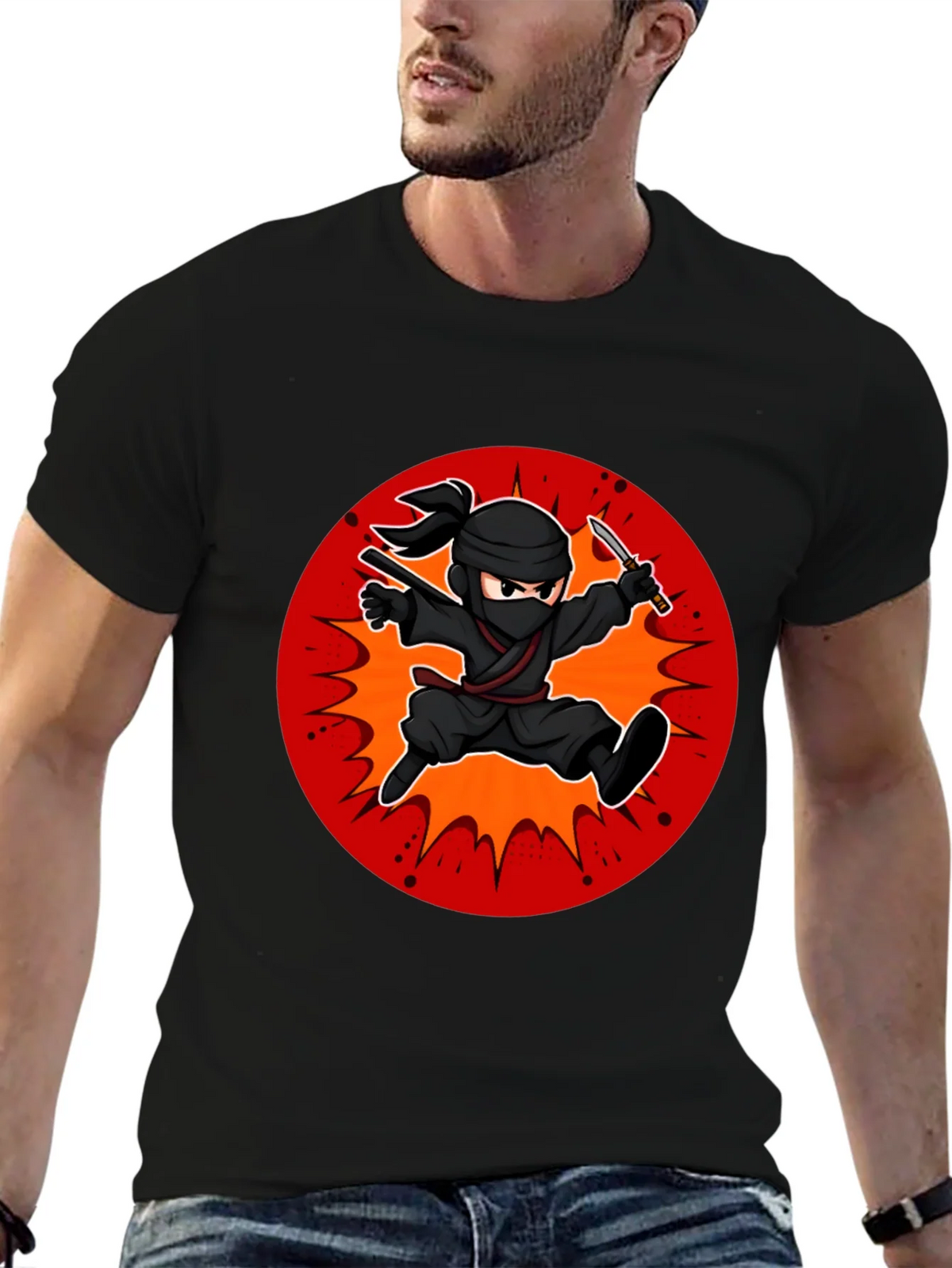 Ninja Cartoon Graphic Black T-Shirt product image 6