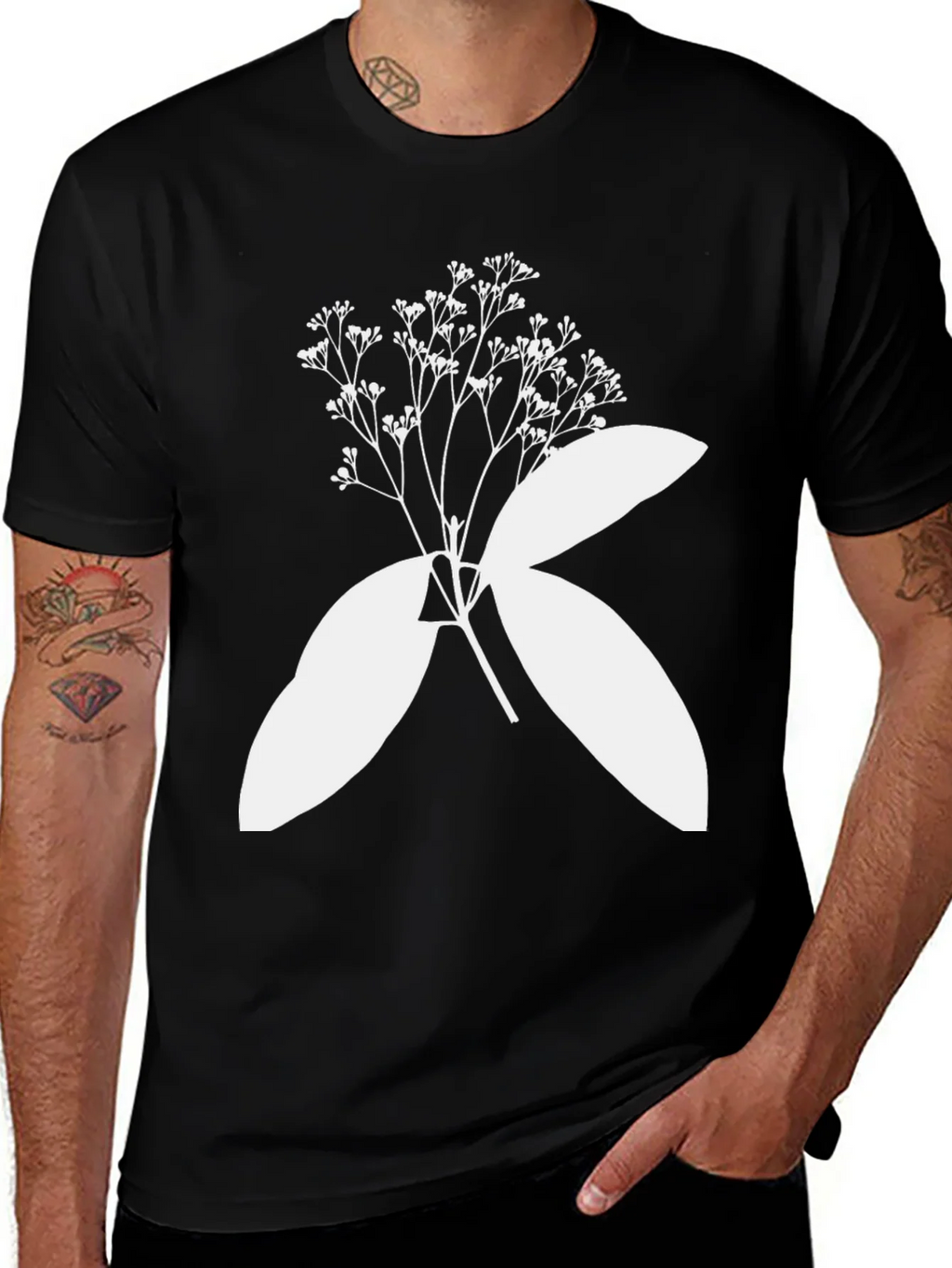 Black T-Shirt with Botanical White Print product image 1