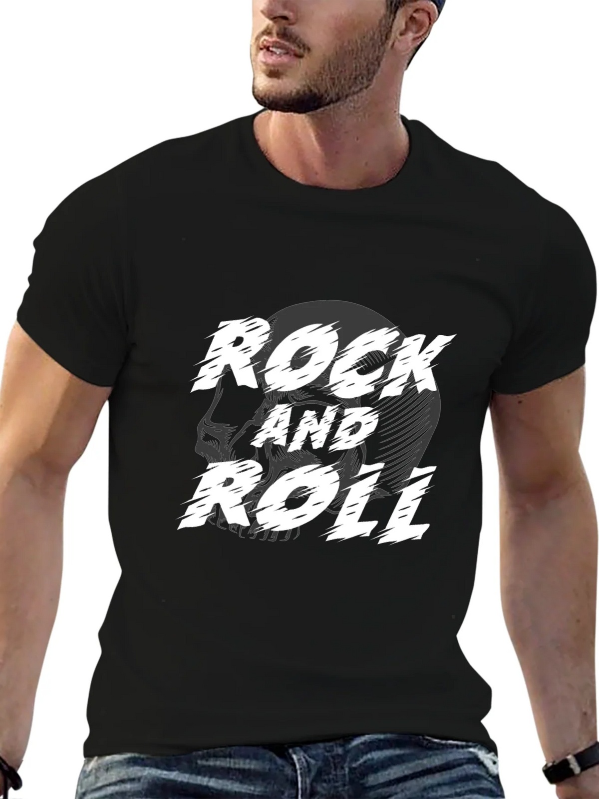 Rock and Roll Skull Graphic Black T-Shirt product image 6