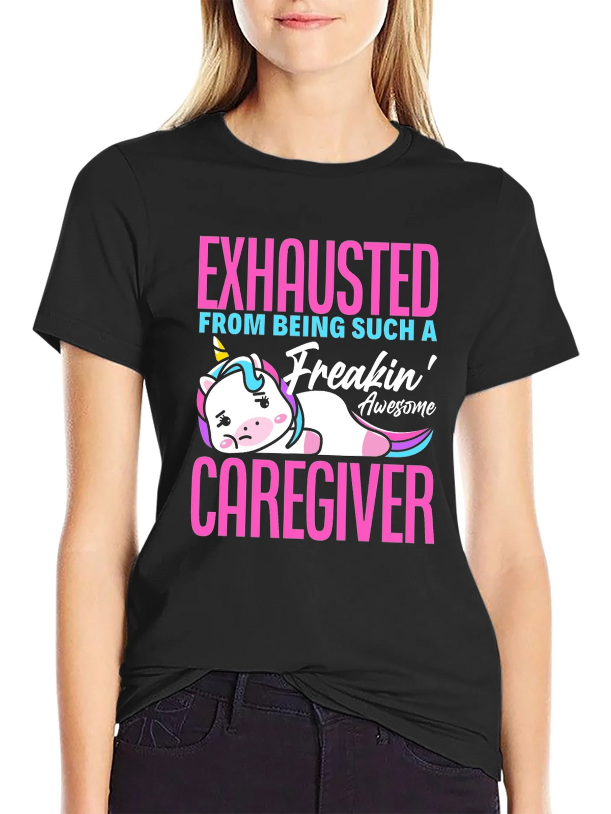 Exhausted Caregiver Unicorn T-Shirt product image 5