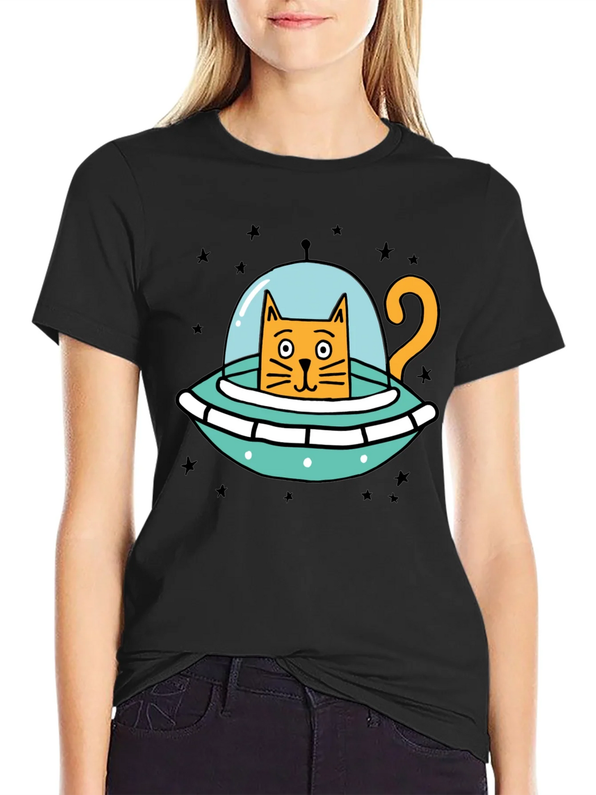 Cosmic Cat UFO Black T-Shirt product image 5