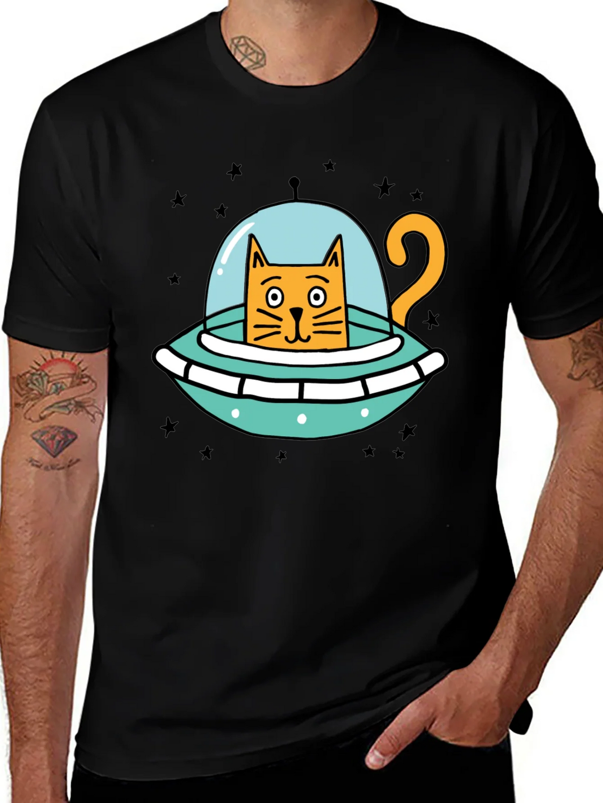 Cosmic Cat UFO Black T-Shirt product image 1