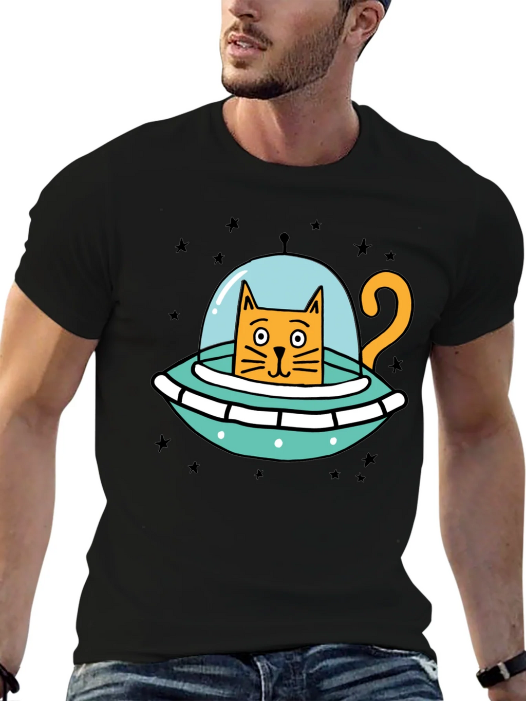 Cosmic Cat UFO Black T-Shirt product image 9