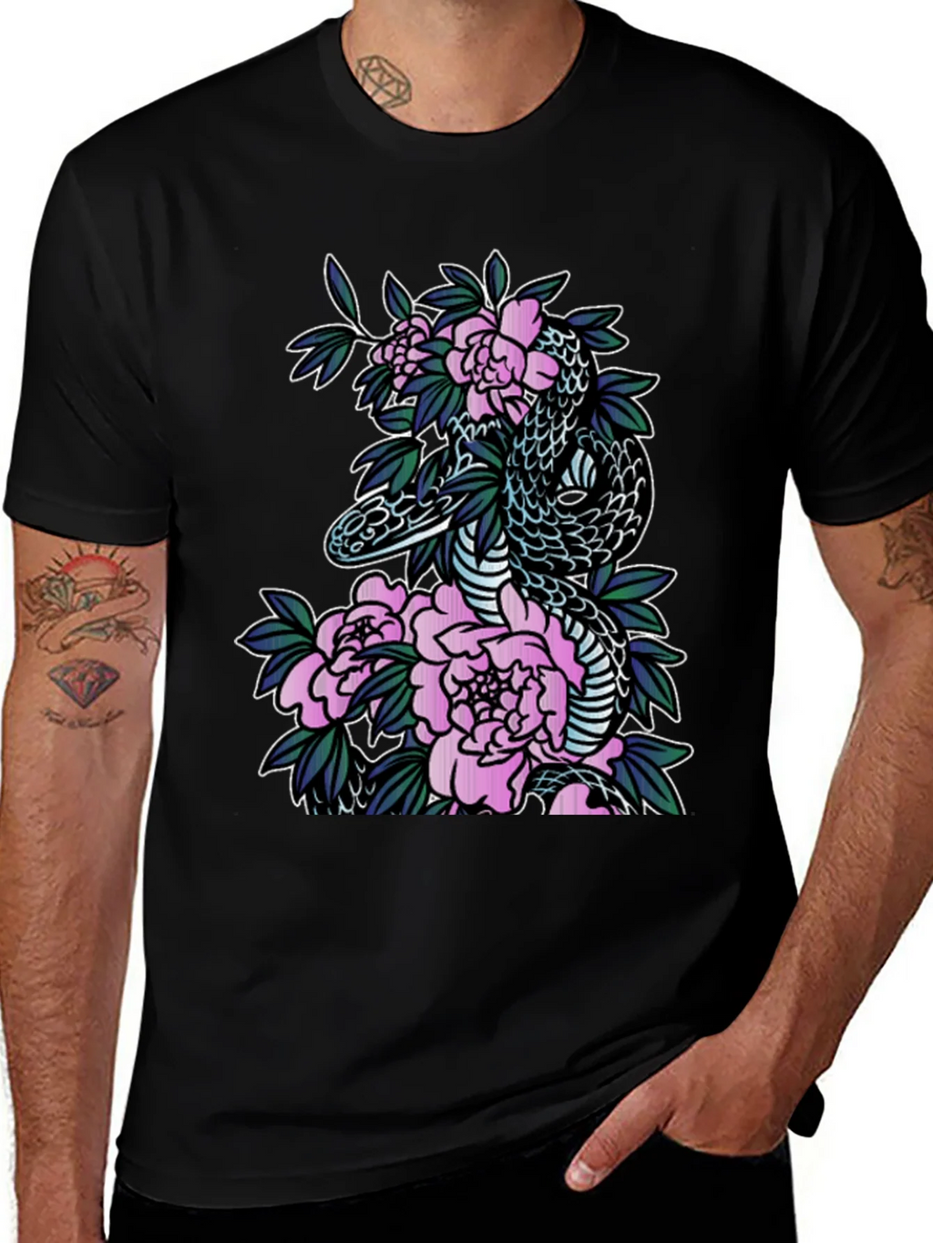 Snake & Floral Print Black T-Shirt product image 1