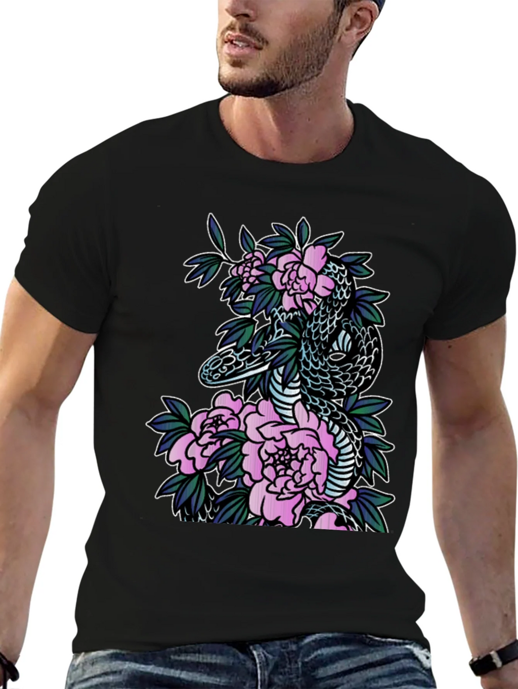 Snake & Floral Print Black T-Shirt product image 6
