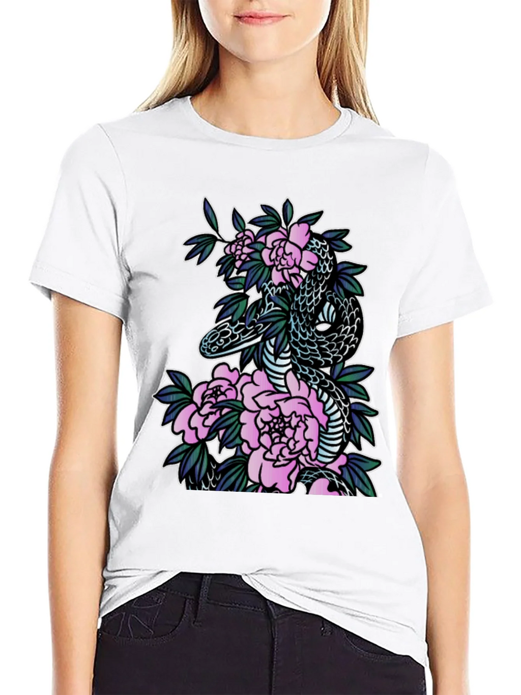 Snake & Floral Print Black T-Shirt product image 8