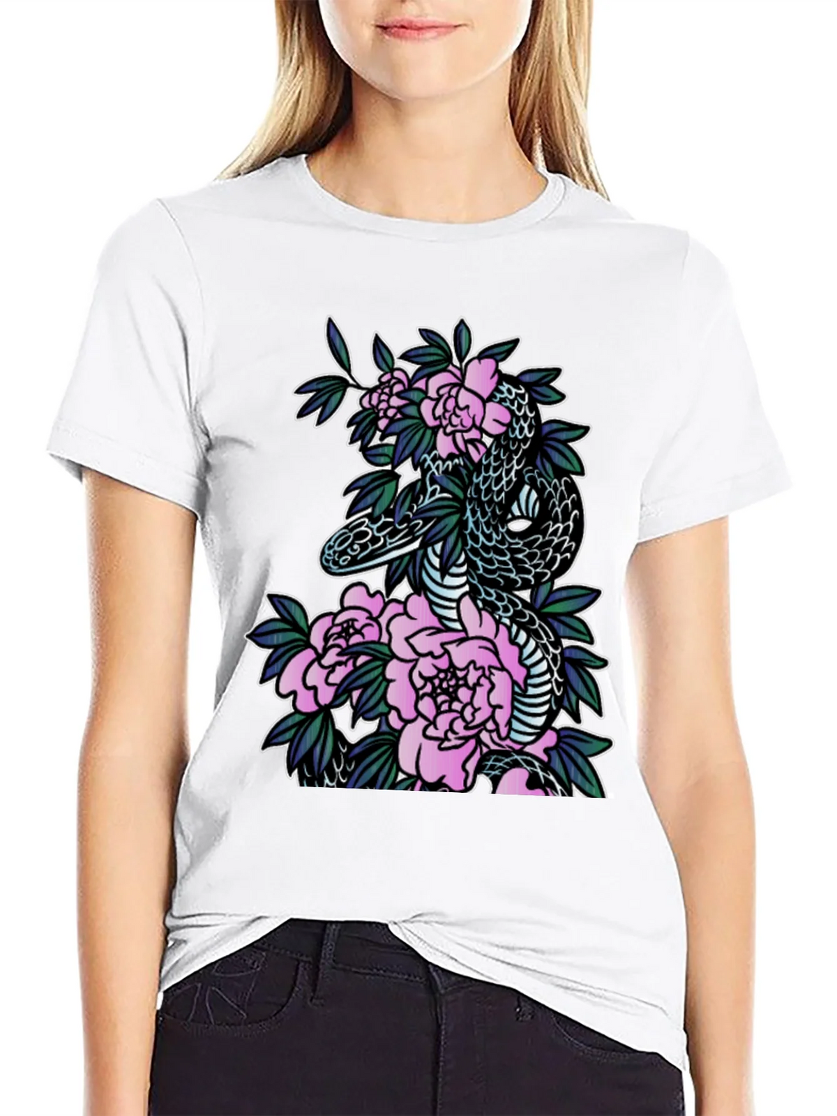 Snake & Floral Print Black T-Shirt product image 8