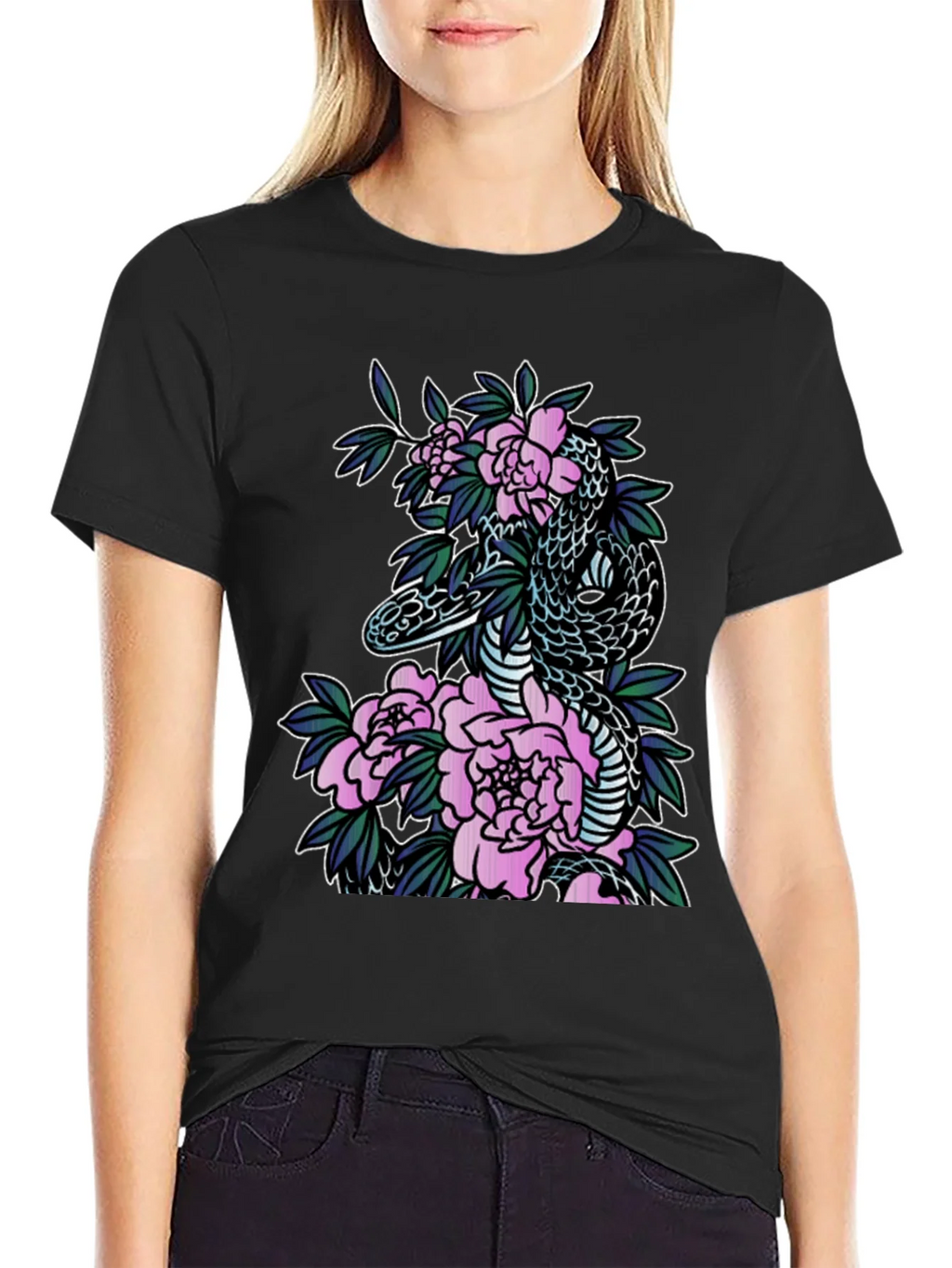 Snake & Floral Print Black T-Shirt product image 2