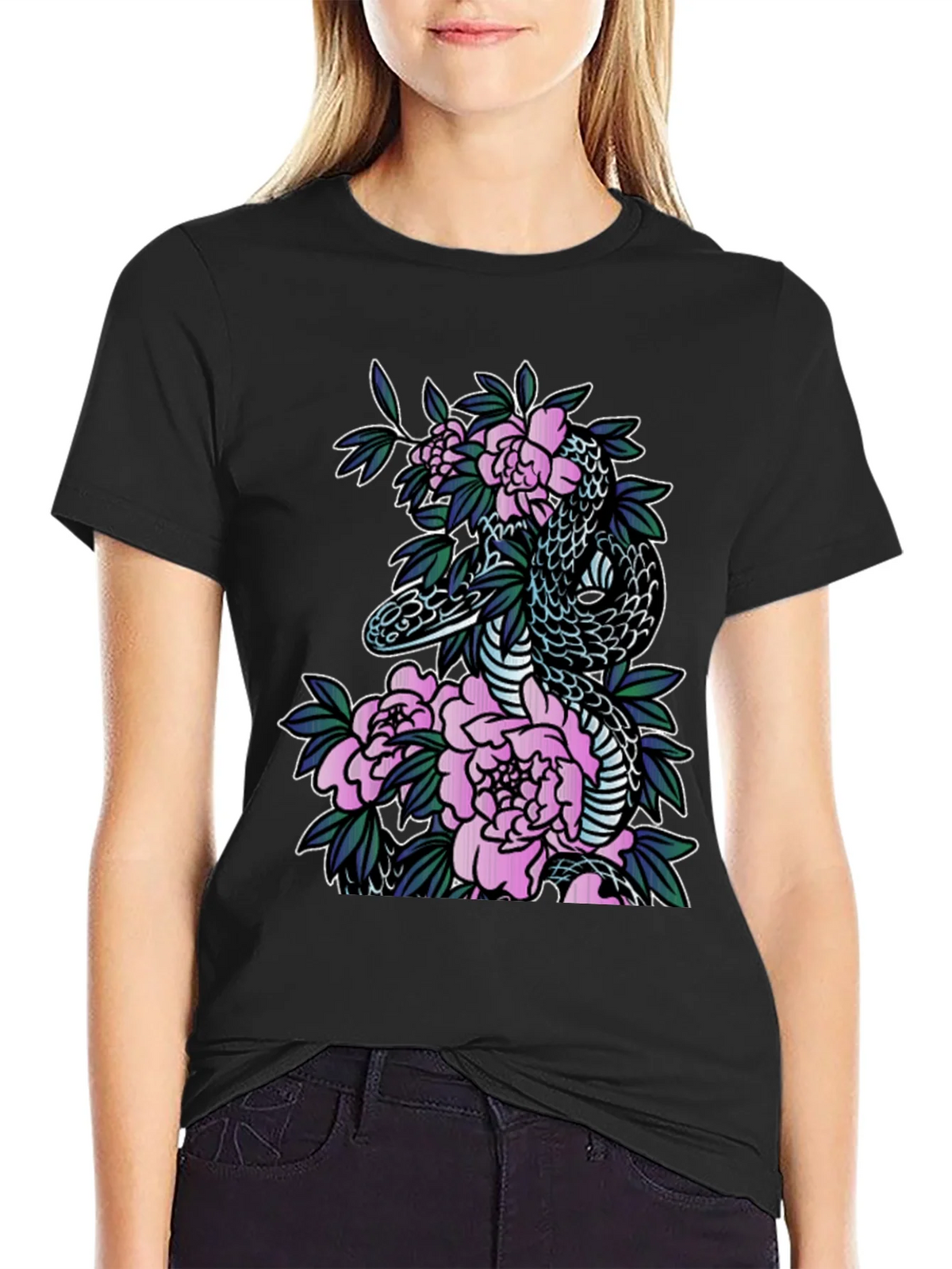 Snake & Floral Print Black T-Shirt product image 2