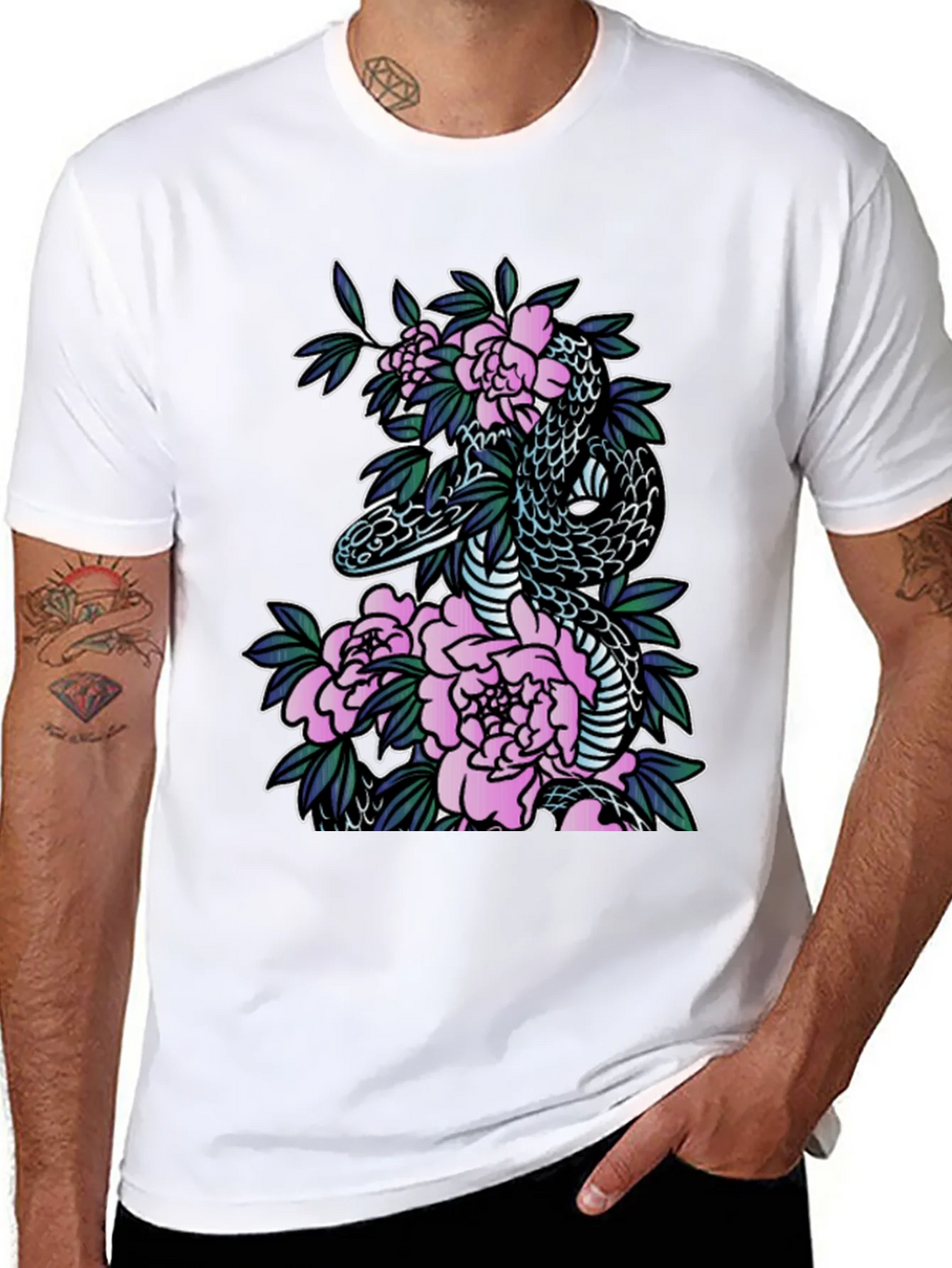 Snake & Floral Print Black T-Shirt product image 7