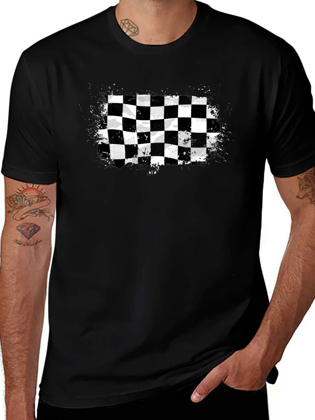 Checkered Flag Graphic Tee - Black Cotton T-Shirt product image 1