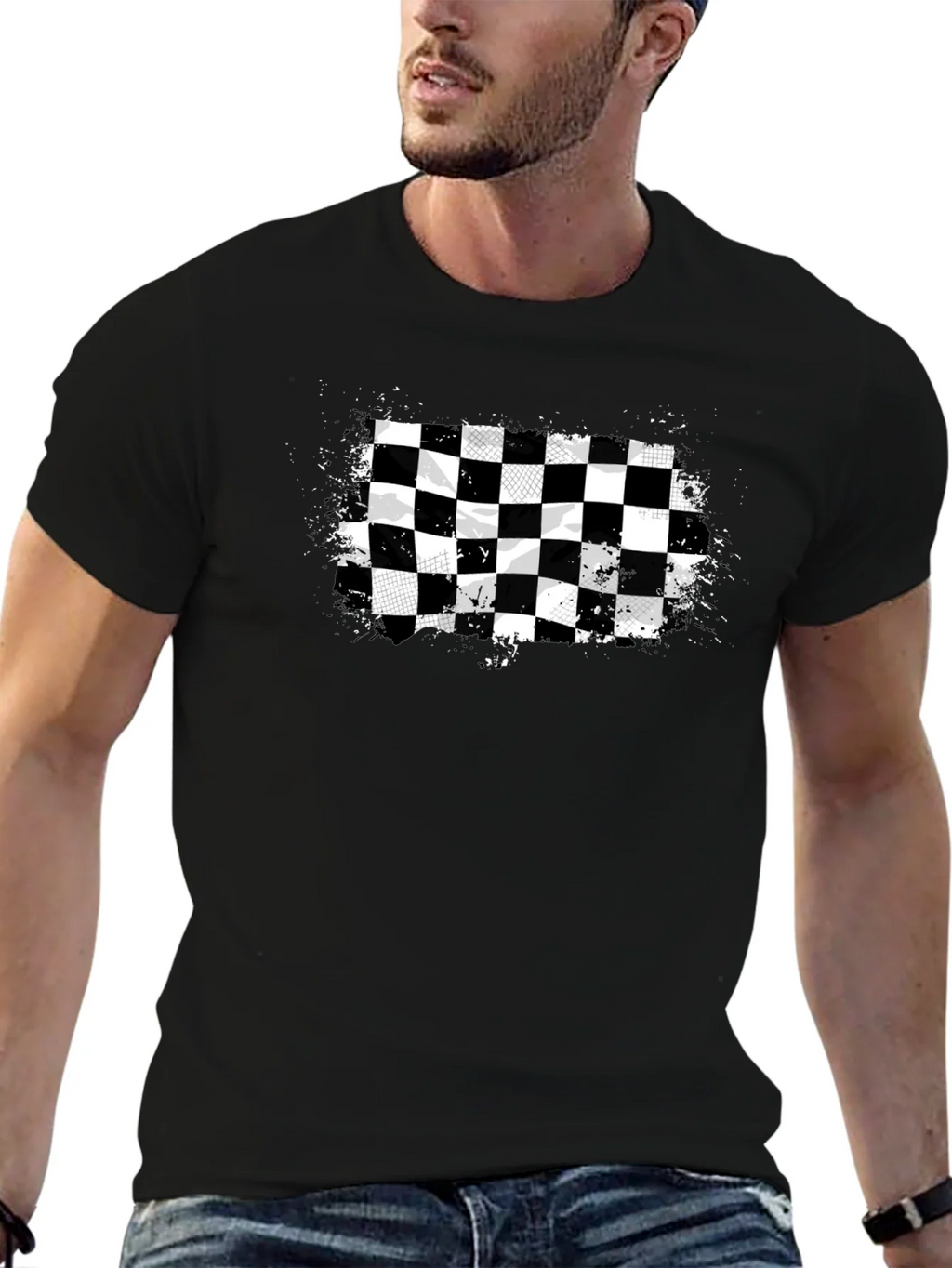 Checkered Flag Graphic Tee - Black Cotton T-Shirt product image 6