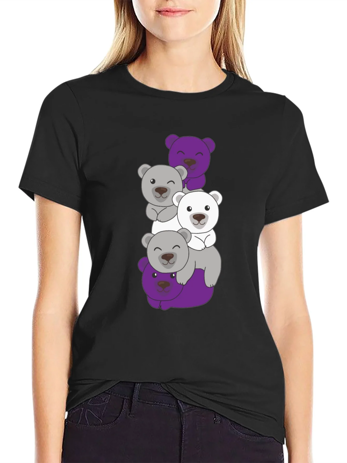 Stacked Bear Graphic Tee - Black Cotton Casual T-Shirt product image 2
