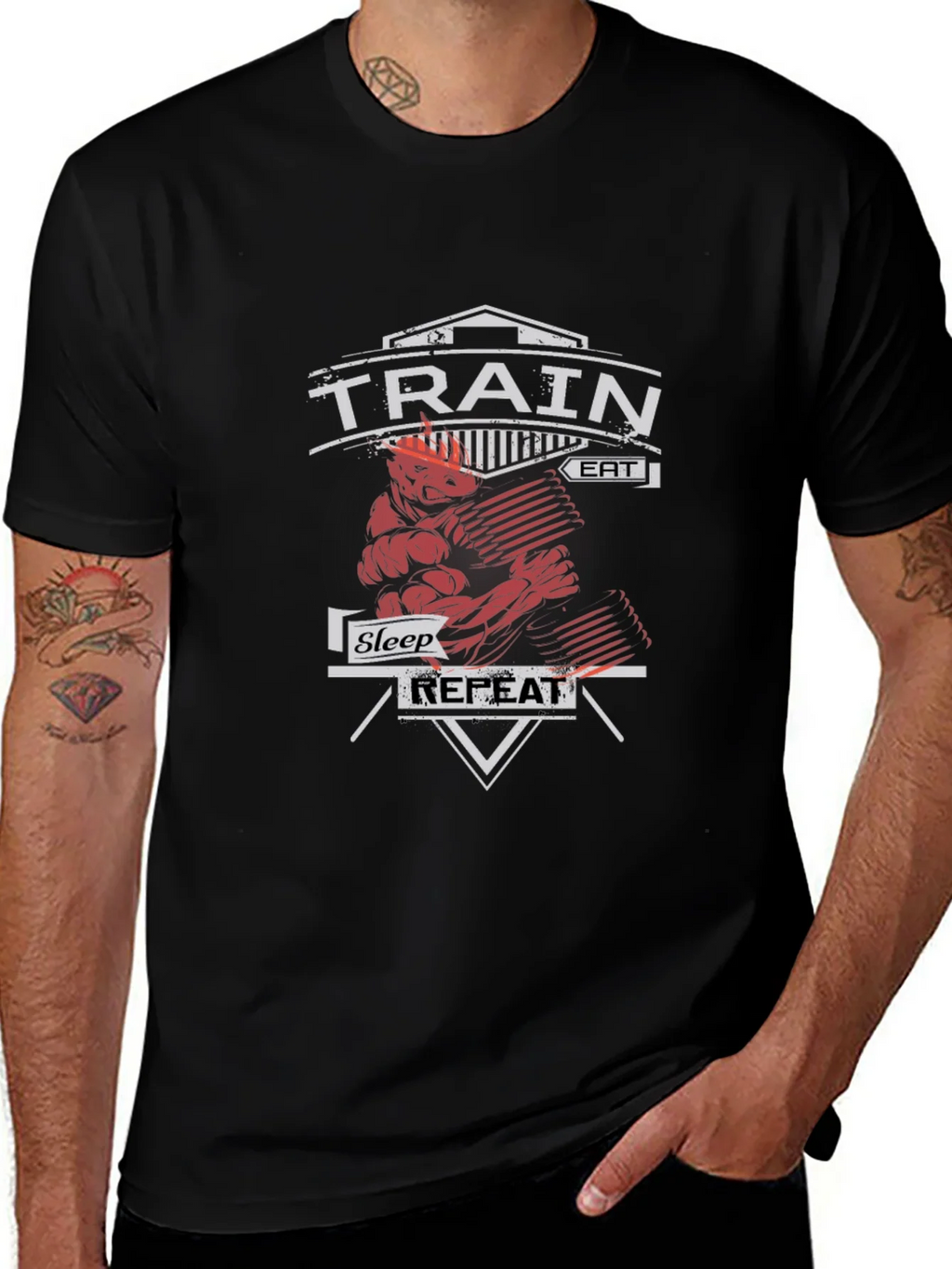 Train Eat Sleep Repeat Gym Workout Black T-Shirt product image 1