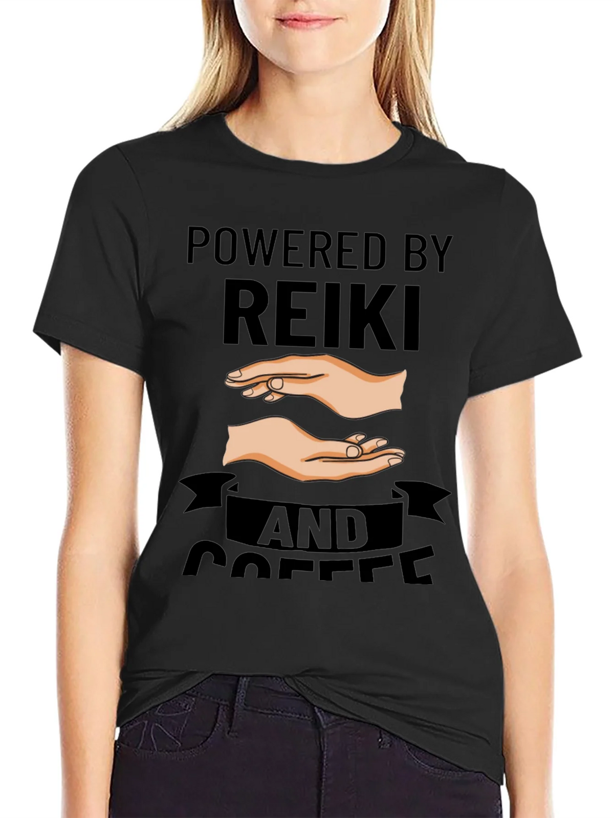 Powered by Reiki and Coffee Black T-Shirt product image 2