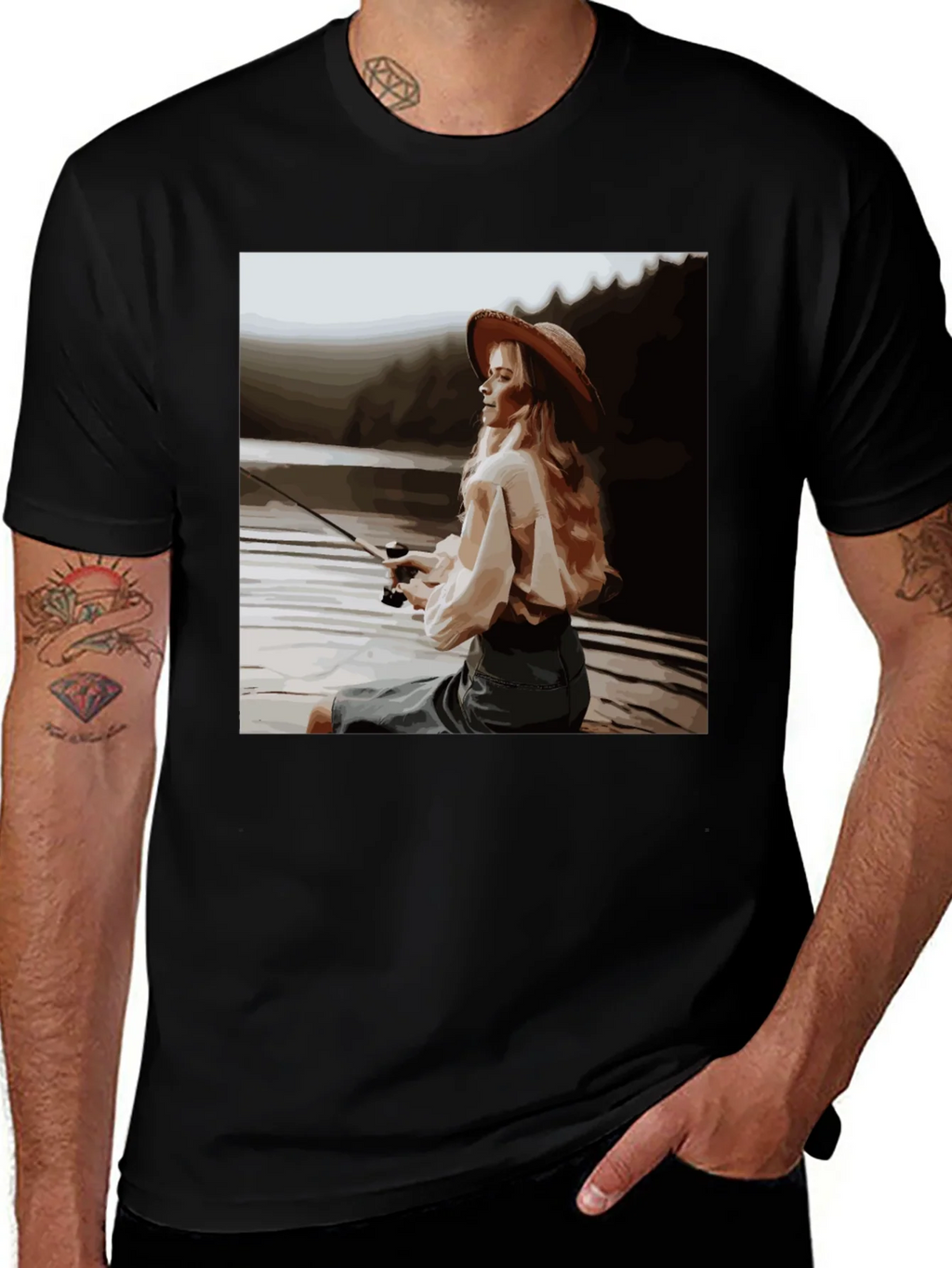 Woman Fishing Graphic Tee - Black Cotton T-Shirt product image 1