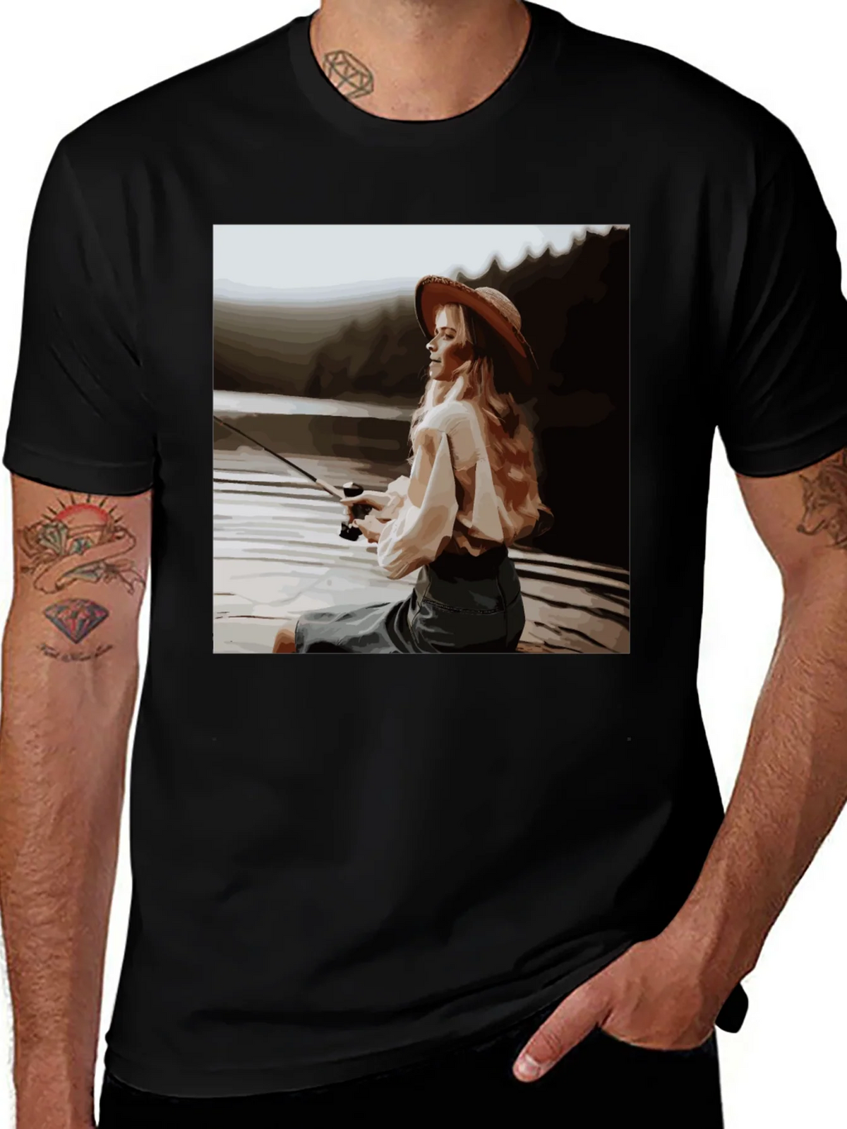 Woman Fishing Graphic Tee - Black Cotton T-Shirt product image 1