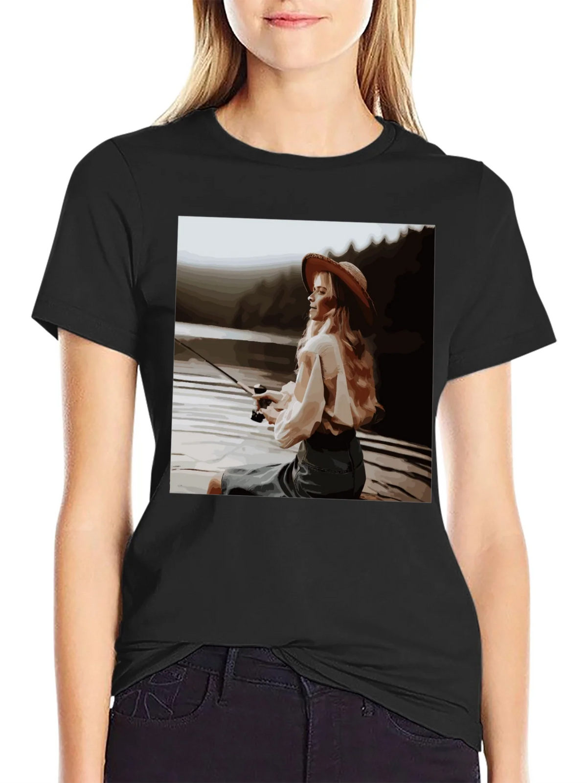 Woman Fishing Graphic Tee - Black Cotton T-Shirt product image 2