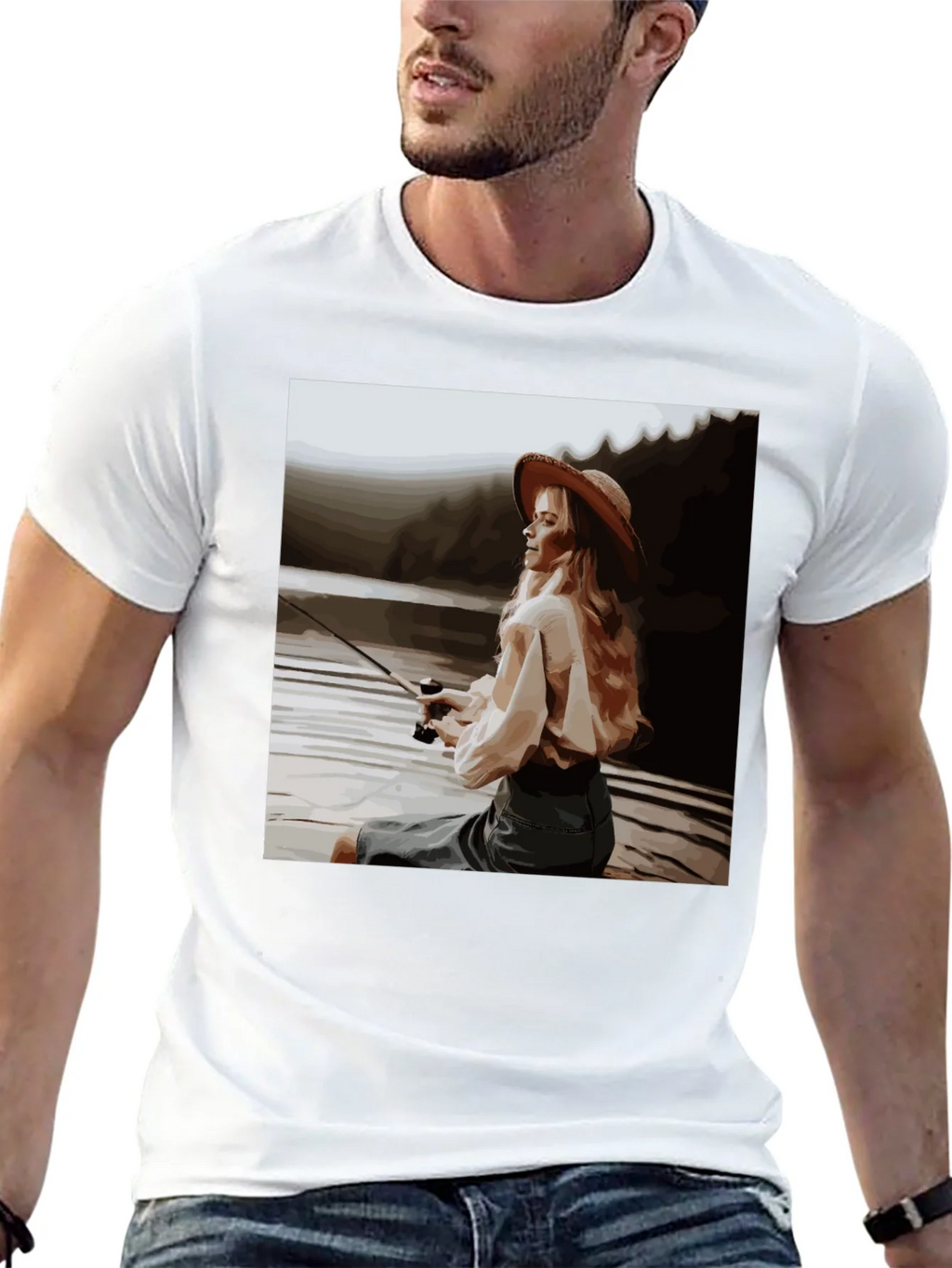 Woman Fishing Graphic Tee - Black Cotton T-Shirt product image 12