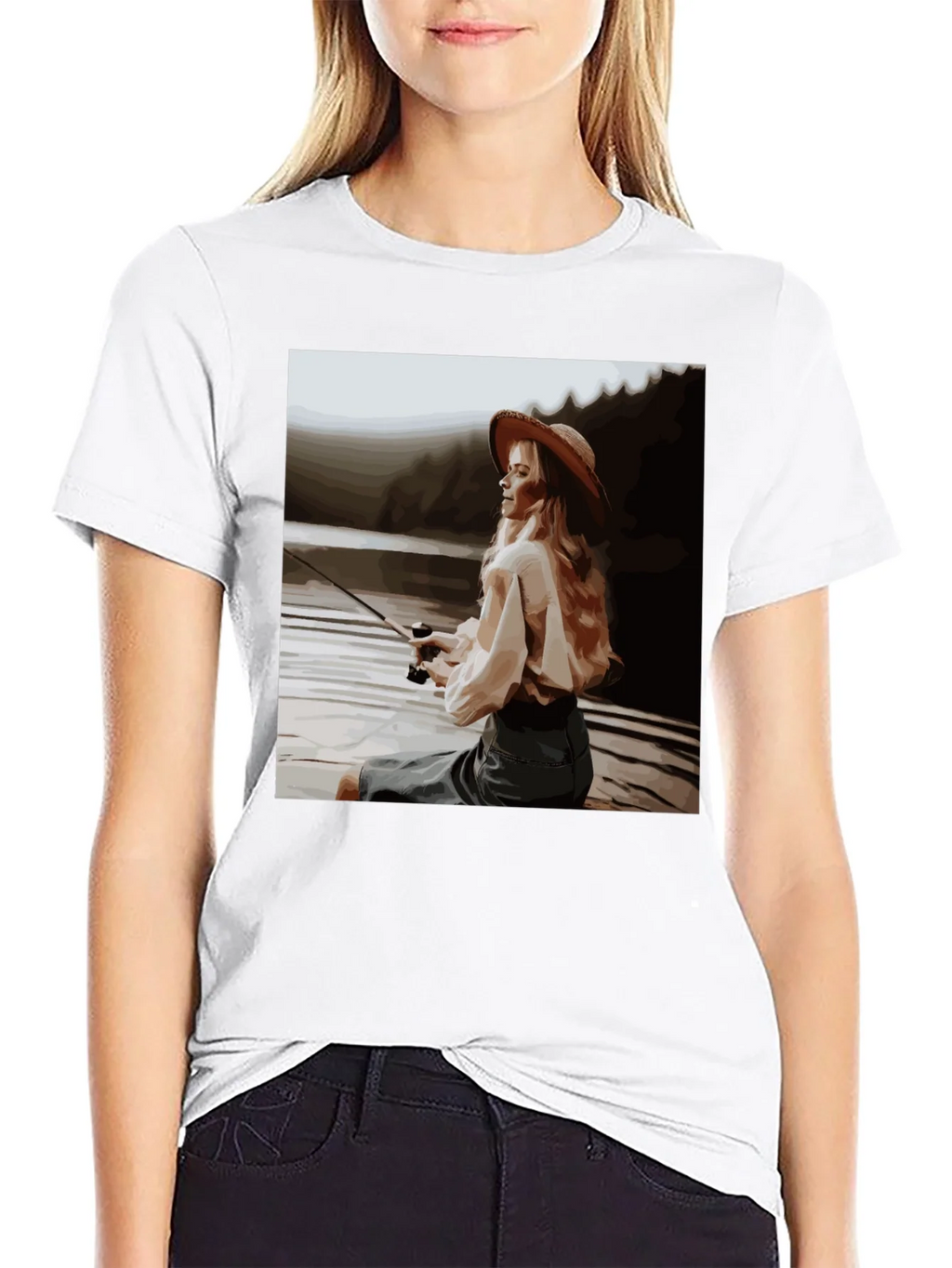 Woman Fishing Graphic Tee - Black Cotton T-Shirt product image 8