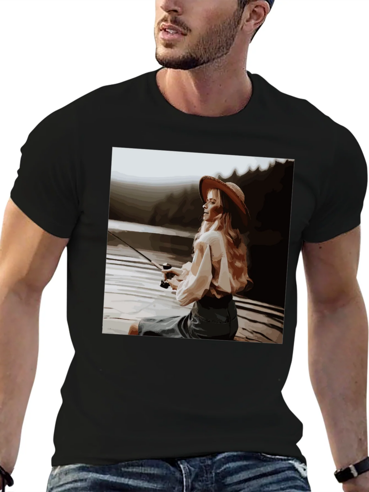 Woman Fishing Graphic Tee - Black Cotton T-Shirt product image 6