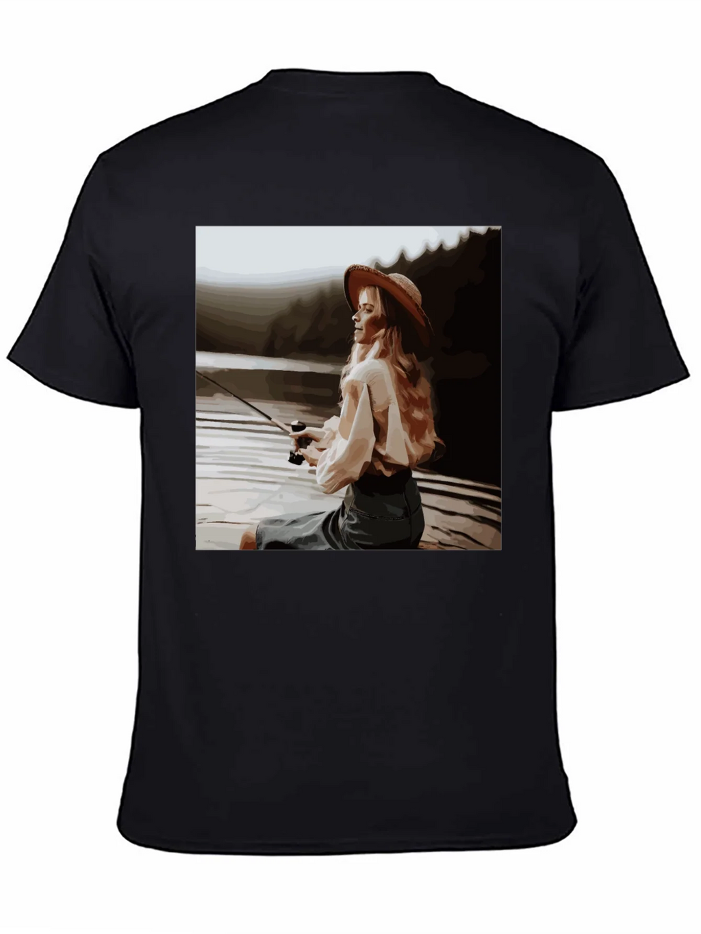 Woman Fishing Graphic Tee - Black Cotton T-Shirt product image 4