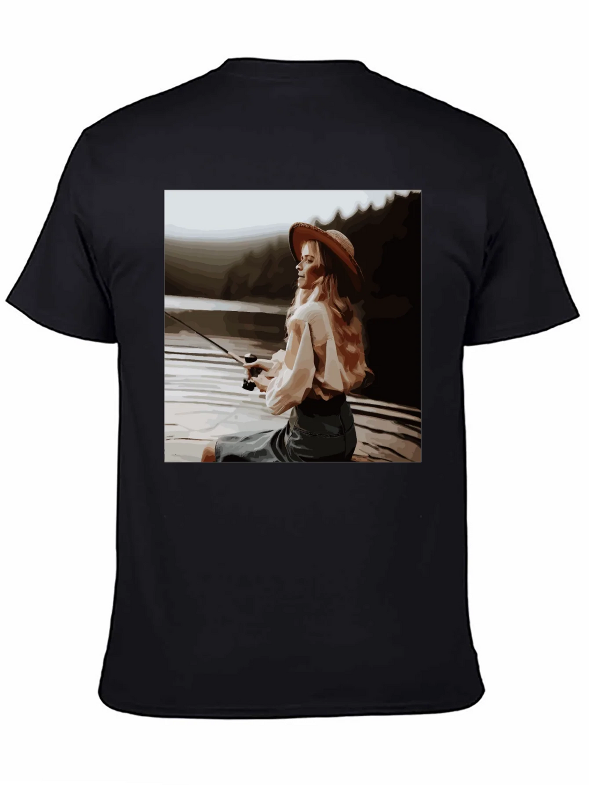 Woman Fishing Graphic Tee - Black Cotton T-Shirt product image 4