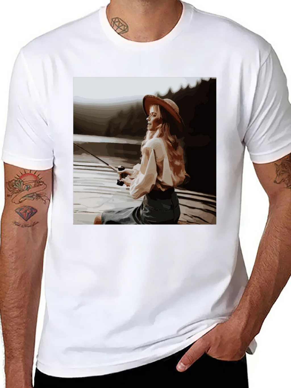 Woman Fishing Graphic Tee - Black Cotton T-Shirt product image 7