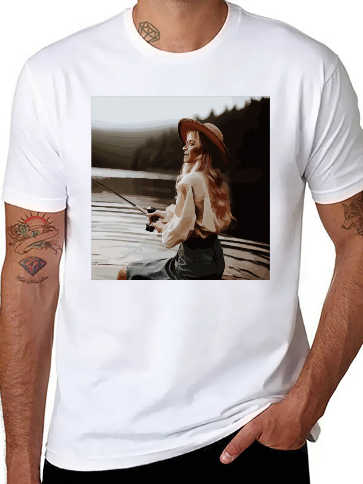 Woman Fishing Graphic Tee - Black Cotton T-Shirt product image 7