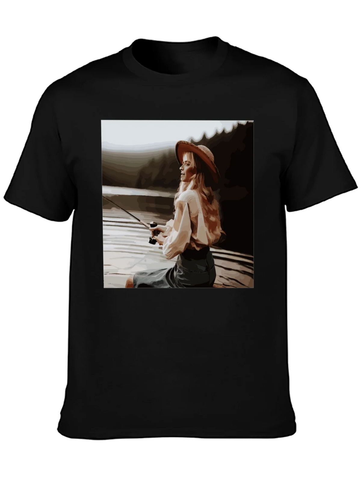 Woman Fishing Graphic Tee - Black Cotton T-Shirt product image 3