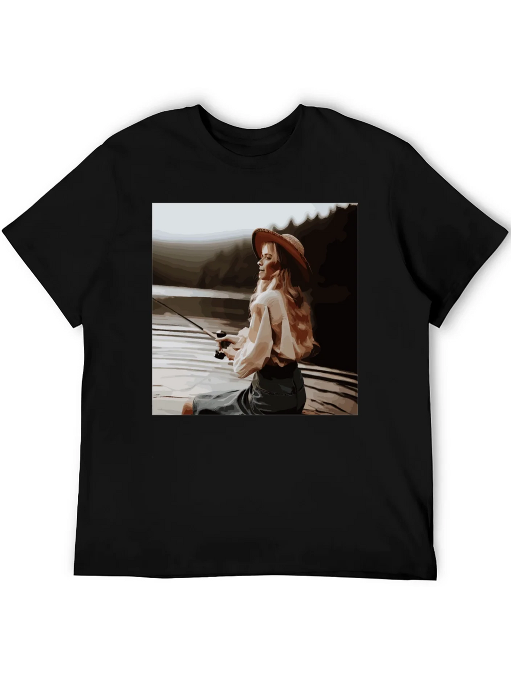 Woman Fishing Graphic Tee - Black Cotton T-Shirt product image 5