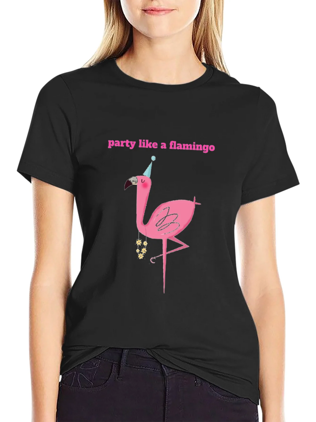 Party Flamingo Graphic Tee - Black Cotton T-Shirt product image 2