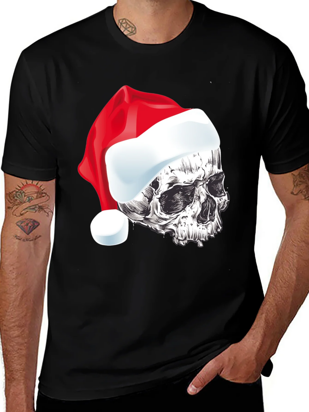 Skull Santa Hat Graphic Tee - Holiday Style