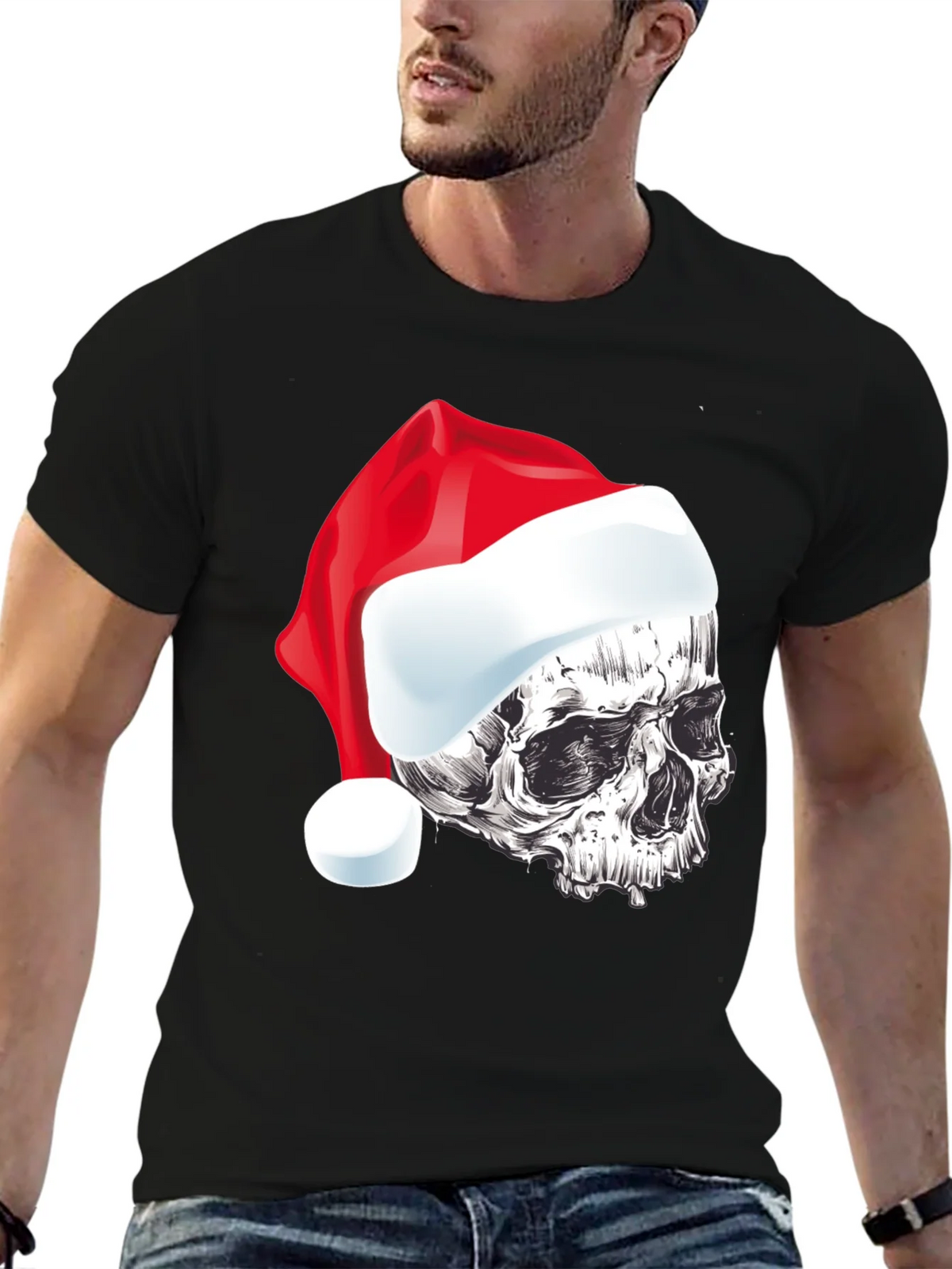 Skull Santa Hat Graphic Tee - Holiday Style