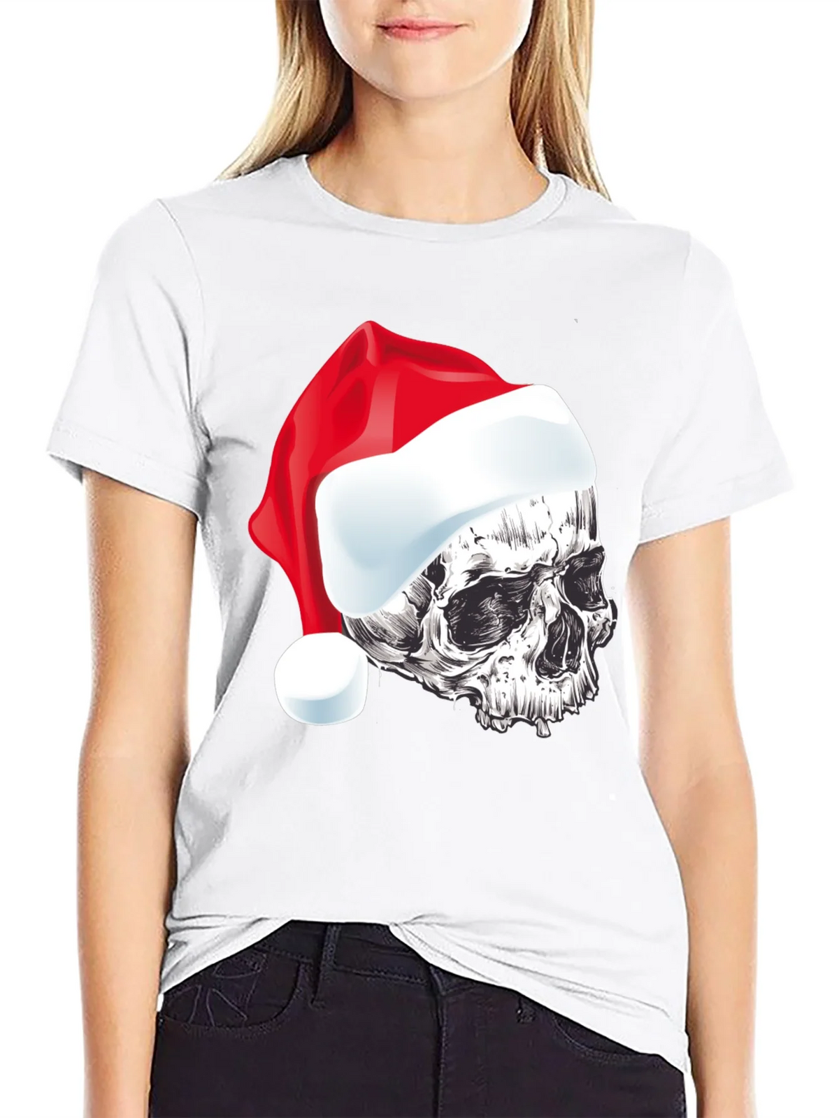 Skull Santa Hat Graphic Tee - Holiday Style