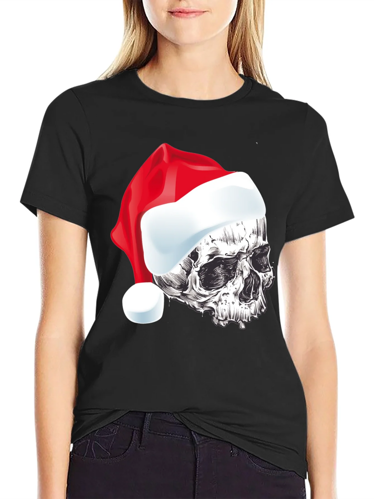 Skull Santa Hat Graphic Tee - Holiday Style