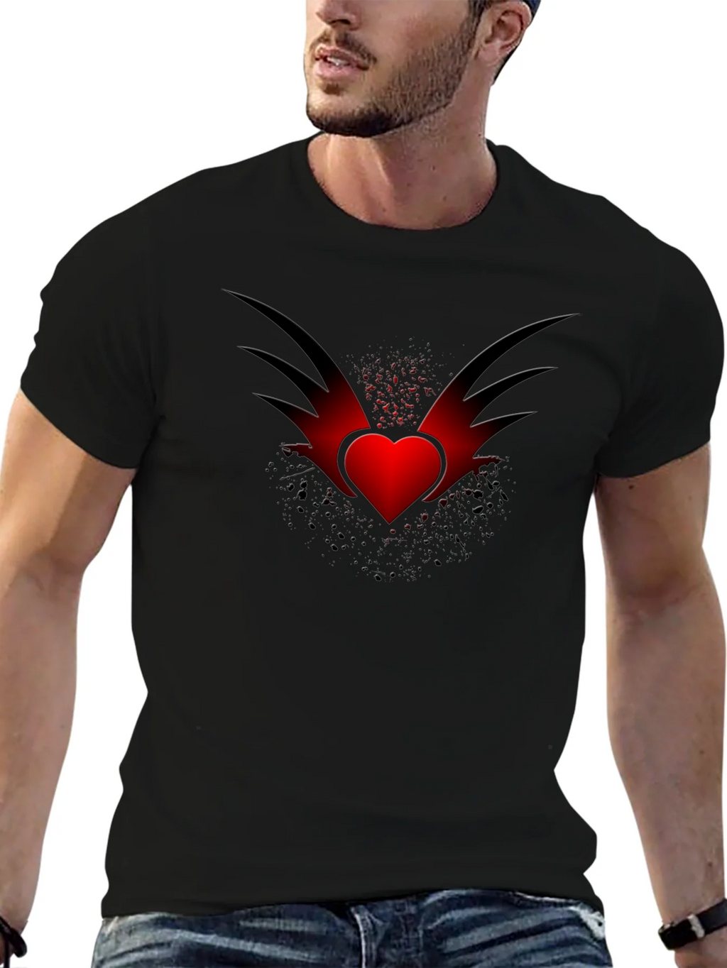 Mens Black T-Shirt with Winged Heart Graphic product image 6