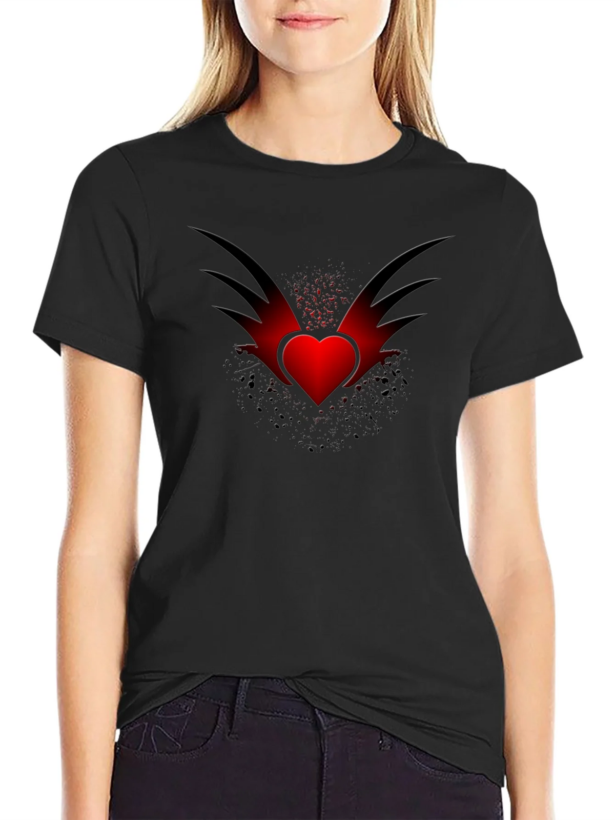 Mens Black T-Shirt with Winged Heart Graphic product image 2
