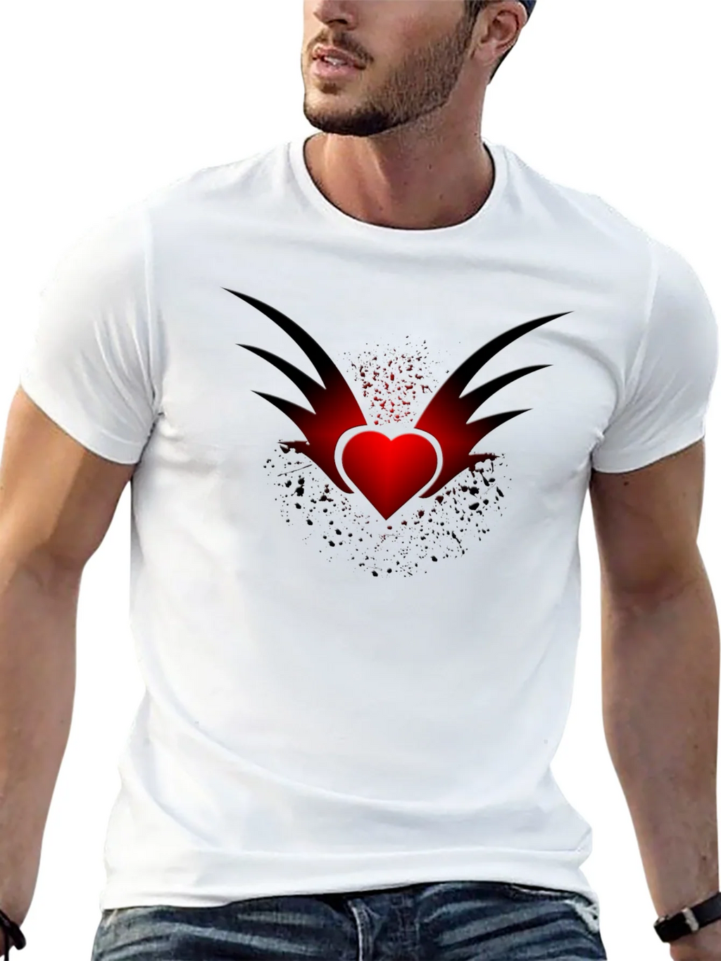 Mens Black T-Shirt with Winged Heart Graphic product image 12